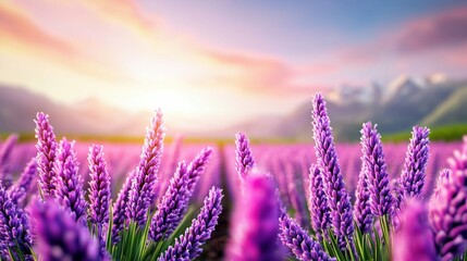 Fototapeta premium A vast field of lavender in full bloom, stretching as far as the eye can see. The setting sun bathes the scene in a soft, warm light, casting long shadows and painting the sky in shades of lavender,