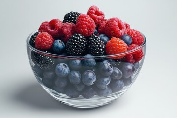 A glass bowl filled with a mix of fresh raspberries, blackberries, and blueberries.