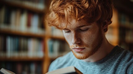 Red haired young man reads book in library