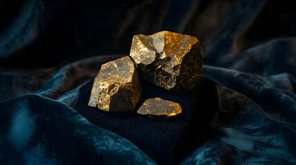 Raw pyrite crystals glittering on a dark velvet backdrop highlight their metallic luster and unique formations, showcasing their natural beauty in a decorative display