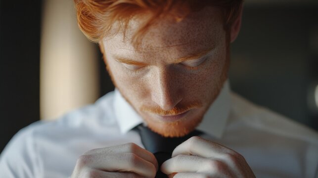 Red haired man adjusting his necktie in a white shirt