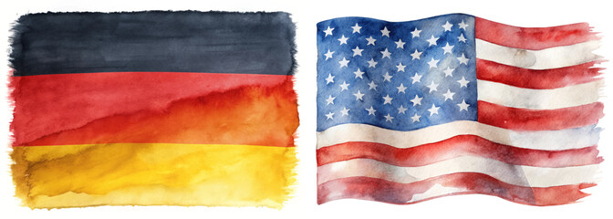 Watercolor flags, Germany and USA, vibrant colors, artistic representation, cultural symbols, patriotic imagery.