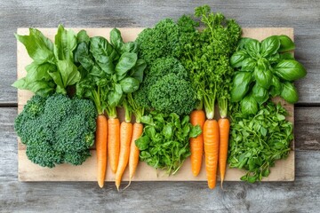 Assortment of fresh green vegetables and carrots arranged on a wooden board.