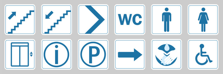 A set of signage in an establishment. Icon Public Pictogram Set, informational Sign toilet, stairs, parking, elevator, wash hands, etc. . Navigation signs, landmark, direction indicators. Vector graph