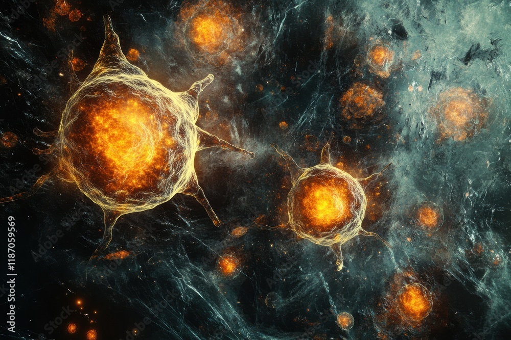 Leinwandbilder glowing edges of cancer cells highlight their unique structure and activity in a microscopic environ