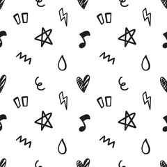 Doodle hand drawn with line. Element of star, heart and music seamless pattern background for wrapping. Black and white