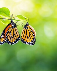 Fototapeta premium Two Monarch Butterflies Emerging from Chrysalis on Green Leaf