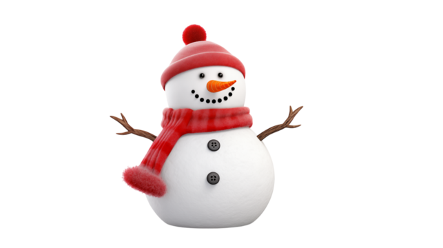 Charming Snowman in Red Hat and Scarf isolated on transparent background	