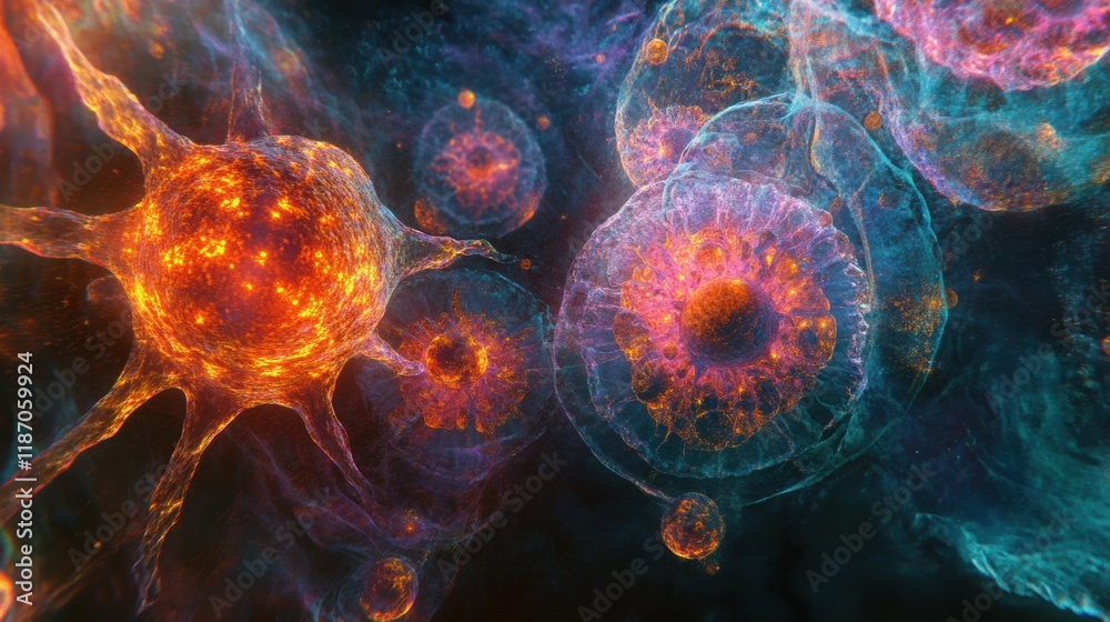 Poster Cancer cells illuminated with vibrant glowing edges showcasing cellular activity in a microscopic view. Generative AI
