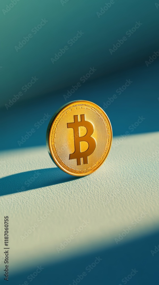 Poster bitcoin standing on edge casting a long shadow on a gradient background, representing cryptocurrency