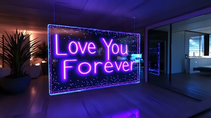 A translucent glass-like banner with glowing purple text "Love You Forever" accented by tiny blue and pink lights, displayed in a sleek contemporary home