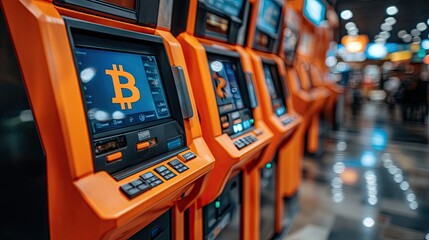 Bitcoin ATM in a busy public space with blurred background.