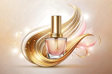 A glass bottle with a pink and gold cap rests on a swirling golden ribbon, surrounded by a soft beige background and glistening gold spheres.