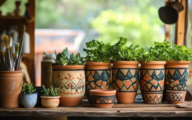Green houseplants in handmade pots on a windowsill in a creative studio. Natural light, cozy atmosphere, and DIY interior decor style.