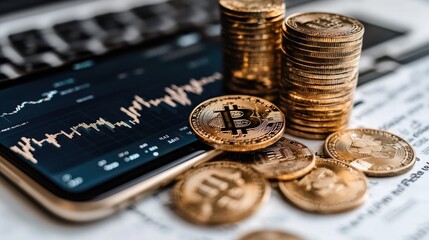 Bitcoin cryptocurrency coins on financial charts, market analysis on mobile.
