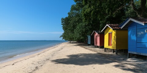 This serene image captures beachside cabins painted in vibrant colors under a clear blue sky, evoking feelings of relaxation, summer fun, and coastal lifestyle.