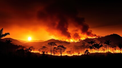 Intense forest fire at sunset with thick smoke in tropical landscape