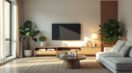 serene living room with neutral decor greenery