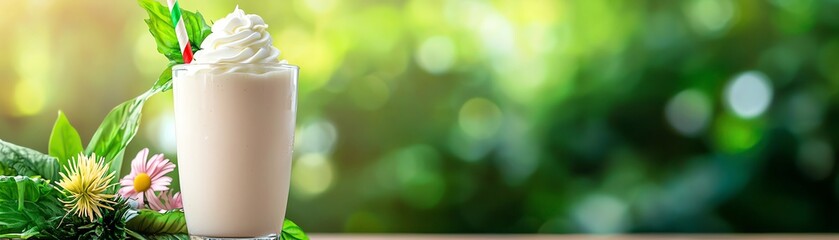 Fototapeta premium Delicious milkshake topped with whipped cream, set against a vibrant green background, perfect for summer refreshment.