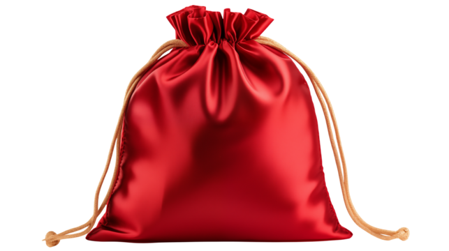 Red Satin Gift Bag with Drawstring for Presents isolated on transparent background	