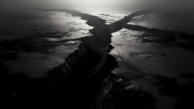 A monochrome image of a fractured expanse with a notable central fissure. Nightblaze. Illustration