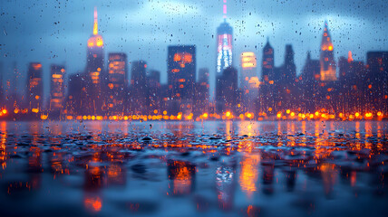 Fototapeta premium Close-up of Rain with City in the Background, Urban Mood