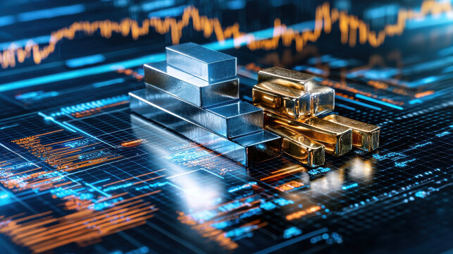Shiny metal bars representing precious metals on digital financial background, showcasing investment trends and market analysis