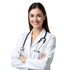 High-resolution female doctor portrait with medical stethoscope, transparent background for healthcare design, professional medical worker close-up, modern hospital staff in uniform for clinical use