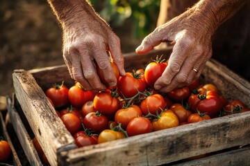 Farmer's hands carefully selecting ripe red tomatoes from a rustic wooden crate in a garden.