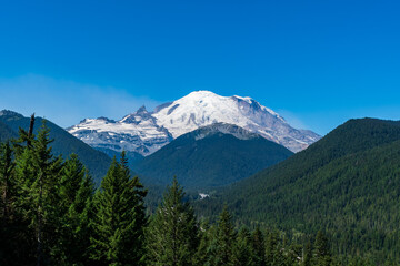 The iconic glaciated peak of  Mt. Rainier as seen in Mt. Rainier National Park, Washington, USA.