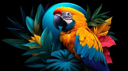 Obraz premium Vibrant macaw parrot amidst lush tropical foliage, a striking contrast of colors against a dark background.