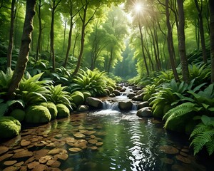 Serene forest stream flowing through lush green foliage, sunlit canopy above, tranquil nature scene.