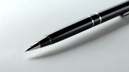 Naklejka premium Elegant black pen poised on white background, close-up shot highlighting details & design. Perfect for stationery, business, or writing concepts.