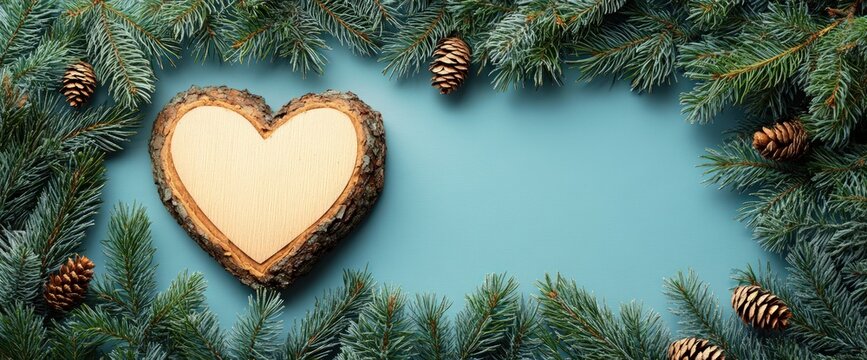 Heart-shaped wood sign surrounded by pine branches and cones on a blue background.