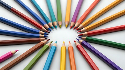 Fototapeta premium Vibrant colored pencils arranged in a circle on a white background, creating a colorful and creative design.