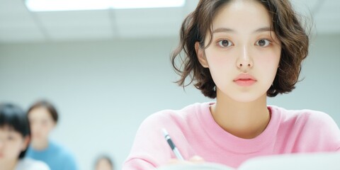 Focused Korean Female Student in Classroom Setting for Academic Success