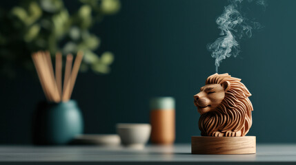 serene portrait of handmade wooden lion sculpture with smoke rising, set against calming background. This artistic piece adds touch of elegance to any space