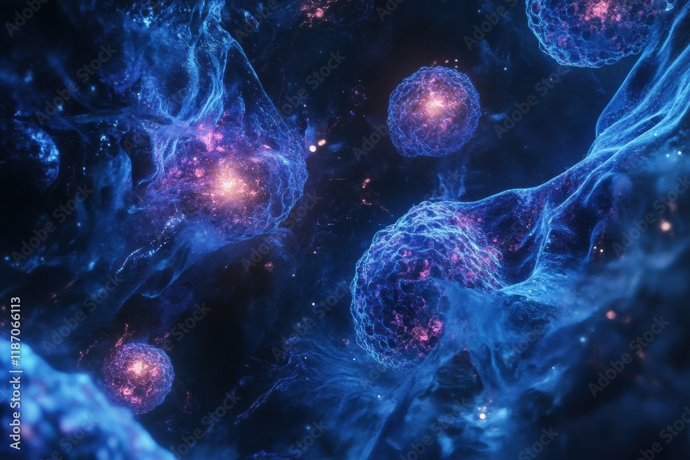 Aufkleber glowing cancer cells exhibiting luminous edges in a vibrant microenvironment under high magnificatio