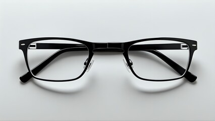 Stylish black eyeglasses, modern design, clear lenses, minimalist aesthetic, isolated on white background. Perfect for optical, fashion, or technology websites.