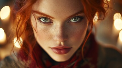 Fototapeta premium Red haired woman with freckles and green eyes