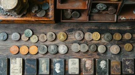 Antique coins and stamps meticulously arranged on a rustic wooden surface from an old collection. Generative AI