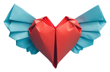 PNG A vibrant origami heart with blue wings, showcasing intricate folds and a playful design.