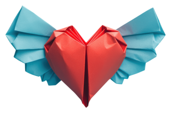 PNG A vibrant origami heart with blue wings, showcasing intricate folds and a playful design.