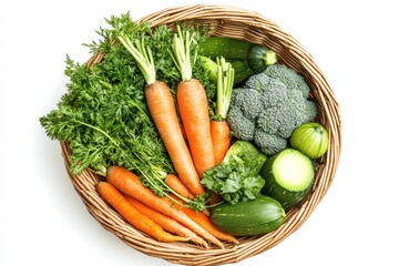 A wicker basket overflowing with fresh, vibrant carrots, broccoli, and zucchini.