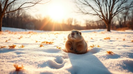 Obraz premium groundhog peeks from its burrow in a snowy field. Iridescent reflections and soft background
