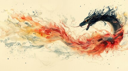 Black dragon breathes fire across a beige background in a mythical fantasy scene.