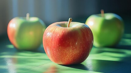 Produce a vibrant, photorealistic apple, accentuating its glossiness and freshness