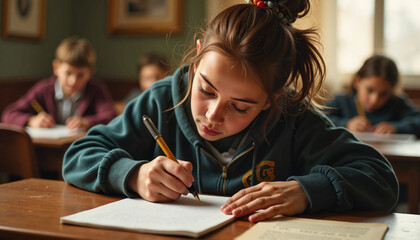 Student girl concentrating while writing in classroom