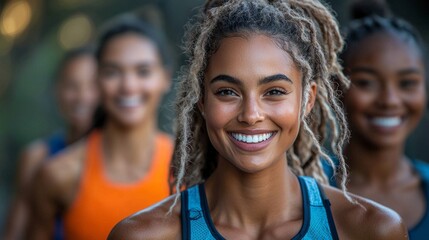 Fototapeta premium A diverse group of people laughing and exercising together outdoors, active lifestyle, community health, commercial image