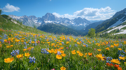 Obraz premium Vibrant wildflowers bloom in alpine meadow with majestic mountain backdrop.